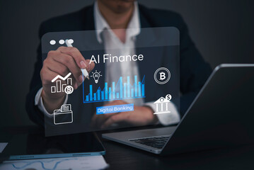 Fintech, AI, A corporate hand points to a futuristic finance HUD with rising metrics and banking symbols in a modern office, communicating investment insights, automation, and secure transactions.