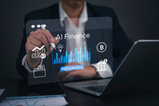 Fintech, AI, A corporate hand points to a futuristic finance HUD with rising metrics and banking symbols in a modern office, communicating investment insights, automation, and secure transactions.