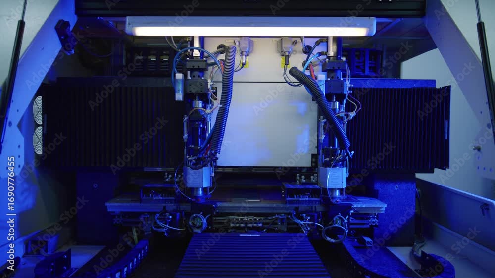 Poster complex machinery processes materials with precision and efficiency, illuminated by vibrant blue lig