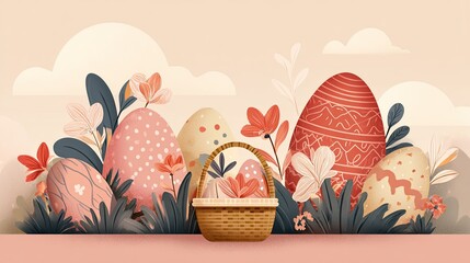 Pastel Easter Eggs and Flowers with Woven Basket Springtime Illustration Featuring Delicate Pink Peach and Cream Colored Eggs Nestled Among Lush