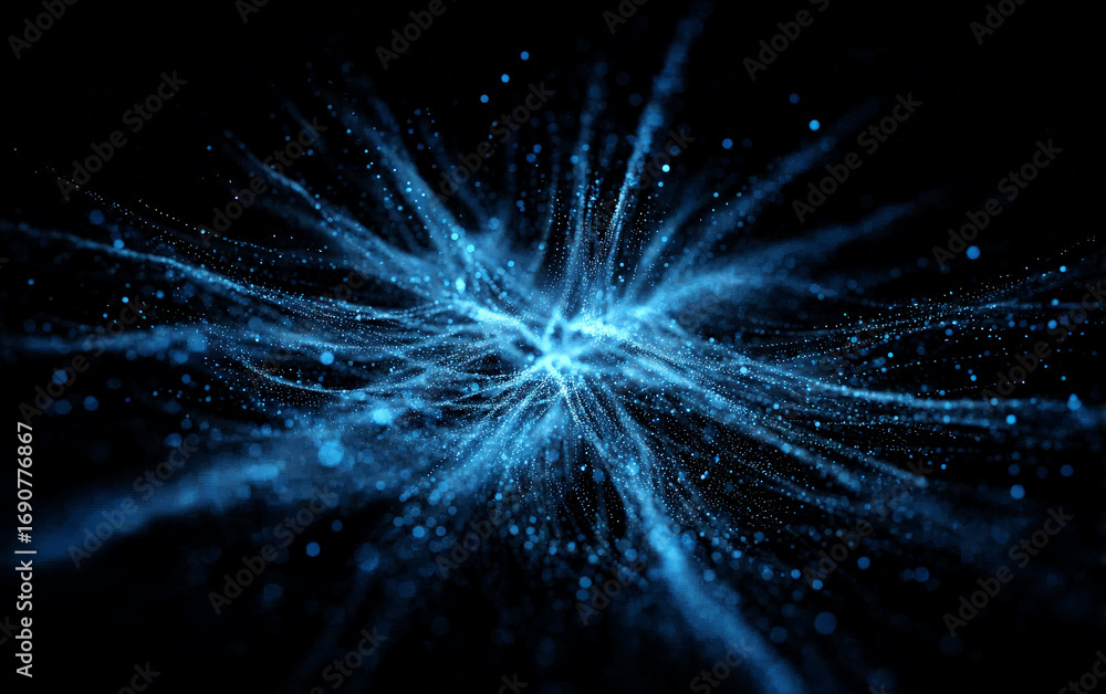 Poster blue abstract particle burst with digital network effects