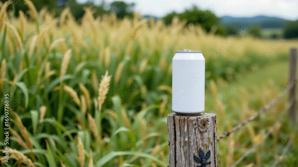 Poster refreshing sip in the fields: a pristine, unbranded can rests on a rustic wooden post within a sceni