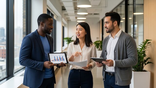 Diverse Business Team Analyzing Data on Tablet in Modern Office