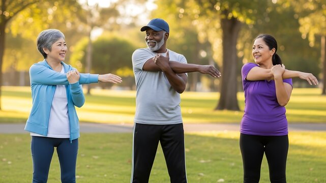 Active Senior Citizens Stretching Together in a Park for Health and Wellness - Powered by Adobe