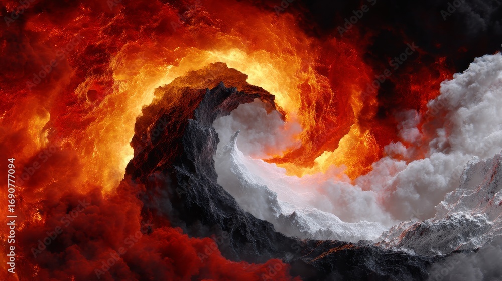 Poster yin yang symbol composed of fiery magma and swirling clouds representing balance between elements
