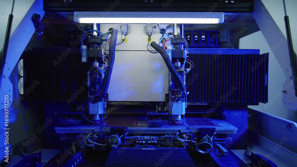 Poster complex machinery processes components within an advanced manufacturing setting, illuminated by blue