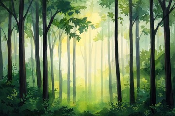 Obraz premium A serene forest bathed in golden sunlight, soft rays filtering through tall trees, lush green foliage, tranquil atmosphere, watercolor painting.
