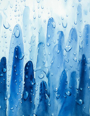 Hand-painted watercolor background with blue raindrops and flowing wet surface effect, artistic