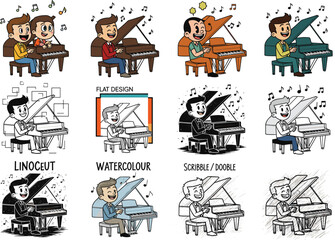 Cartoon Kids and Boys Playing Piano in Various Art Styles, Musical Performance Illustration Set, Flat, Scribble, Watercolor © Earshad Creative
