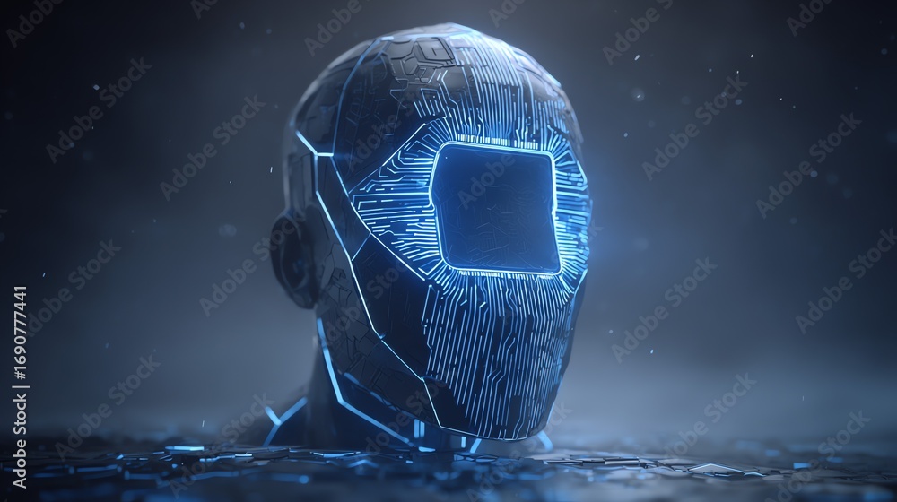 Poster a striking digital rendering depicts a human head constructed from intricate glowing circuitry, evok