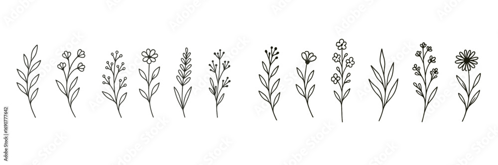 Poster set of hand drawn minimalist flowers and botanical branches in a simple doodle line art style for el