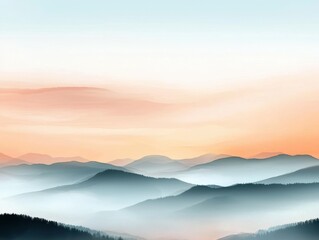 Fototapeta premium A soft sunrise over mountains, warm pastel gradients, flowing light patterns, serene and natural, watercolor vibes.