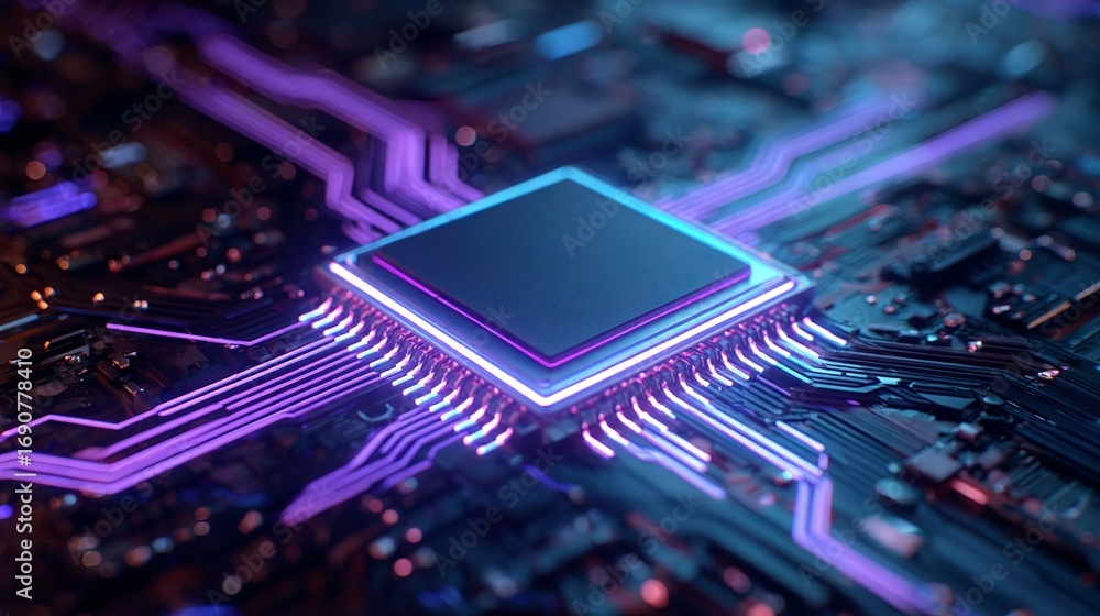Poster glowing purple processor on a complex circuit board showcasing technological advancement and futuris