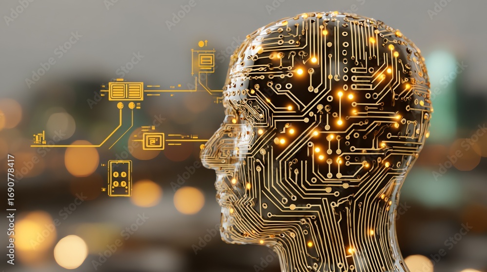 Poster a translucent human head is overlaid with a complex network of golden circuitry, symbolizing the fus