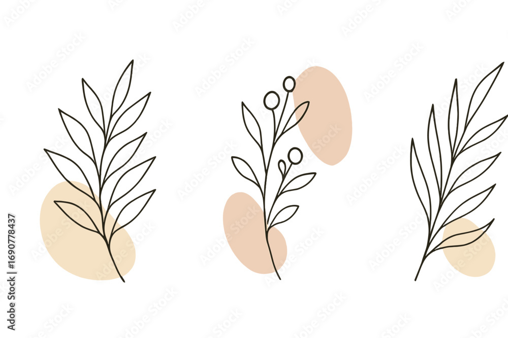 Poster set of minimalist botanical line art drawings with abstract pastel shapes in a modern boho style fea