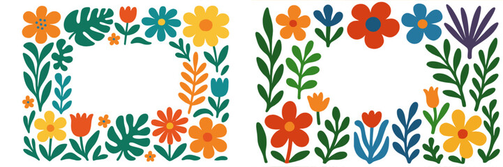 Set of two colorful floral frames with folk art style flowers and leaves, decorative botanical border with copy space for text