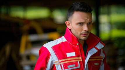 Fototapeta premium Brightly Colored Workwear Jacket Worn by a Focused Individual in a Rustic Setting During Work Hours