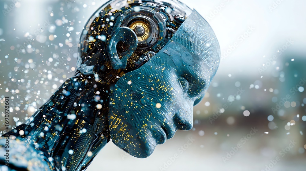 Poster a striking portrait depicts the merging of humanity and technology, showcasing a face dissolving int