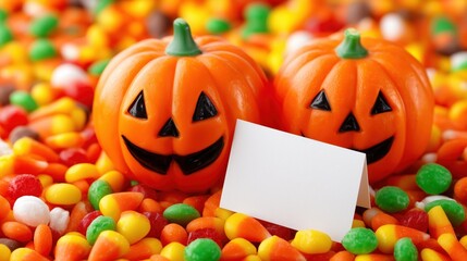 Two cheerful jack-o-lanterns and a blank card nestled in a colorful pile of sweet Halloween candy