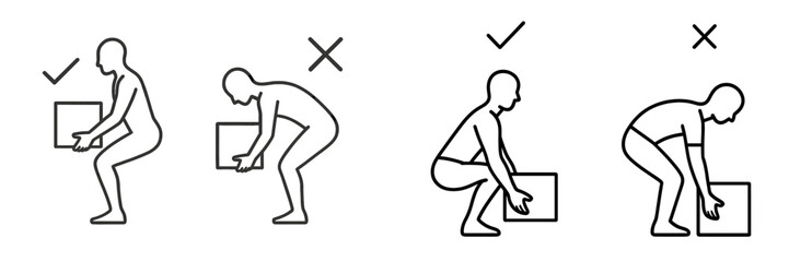 Ergonomic safety guide for correct and incorrect lifting posture for manual handling to prevent back injury and ensure proper technique