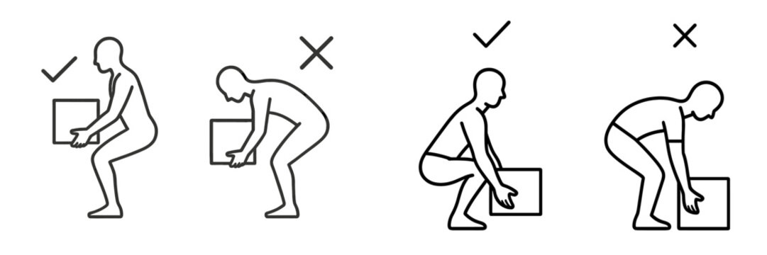 Ergonomic safety guide for correct and incorrect lifting posture for manual handling to prevent back injury and ensure proper technique
