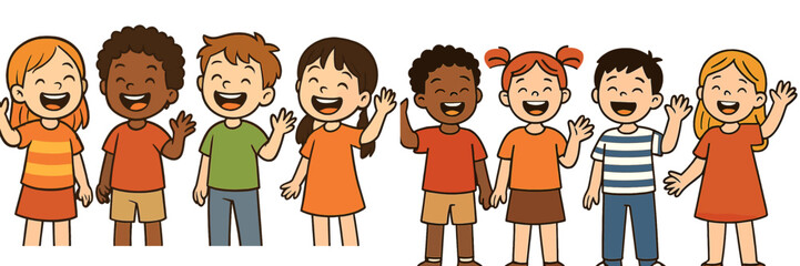 Group of diverse happy children smiling and waving their hands in a friendly greeting on a white background