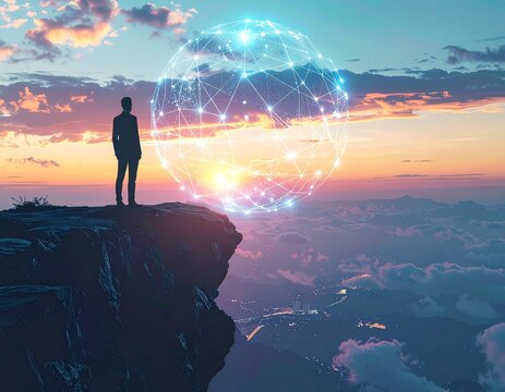 businessman silhouette standing on cliff edge with glowing digital network sphere above horizon, future of connectivity concept.