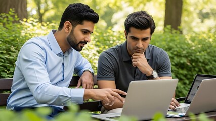 Two Young Indian Professionals Collaborating on Laptops Outdoors in a Park Setting