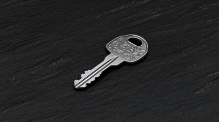 A silver key with a floral design on the handle.