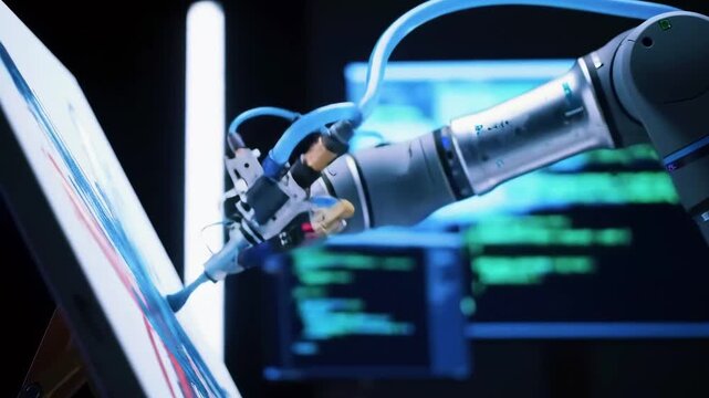 Robotic arm painting abstract artwork on canvas with computer screens displaying code in the background