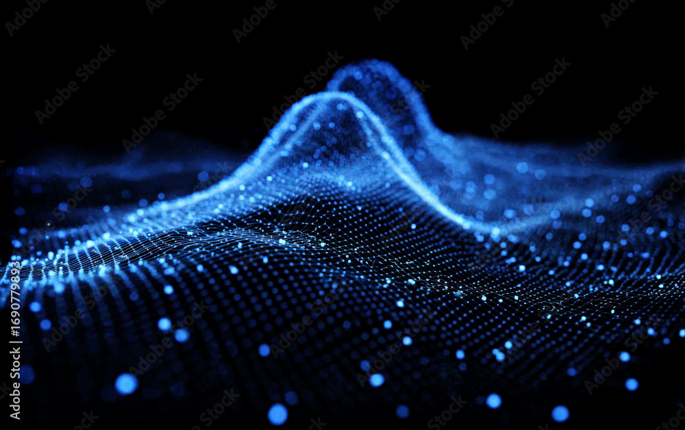 Poster abstract digital wave pattern with glowing blue particles