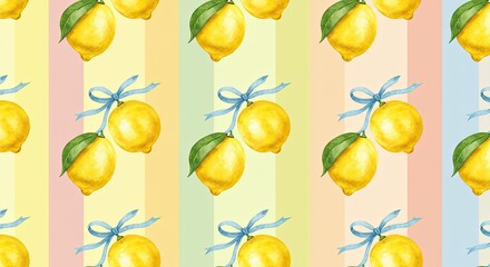 Pastel Rainbow Stripes Lemon Pattern Background Seamless Repeat Design Featuring Yellow Lemons Tied With Light Blue Bows Watercolor Style