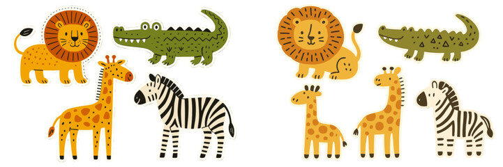 Cute safari animal sticker set featuring a lion, crocodile, giraffe, and zebra for children's nursery decorations or baby shower invitations © icon_art