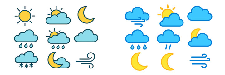 Weather icon set with sun, cloud, rain, snow, wind, and moon symbols for forecast and meteorology applications
