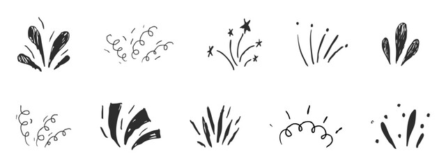 Firework confetti burst comic manga explosion set. Doodle hand drawn line spark party celebration. Radial japan minimal set.