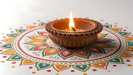 Diwali Festival: Illuminated Clay Diya on Rangoli Design - Celebration, Light, and Tradition