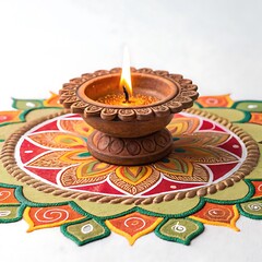 Diwali Festival: Illuminated Clay Lamp on Rangoli Design