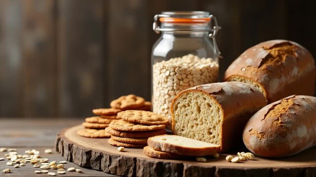 Farm to Table Bakery Showcase: Multigrain Loaf, Rye Crackers, and Oats Jar Display on Wood Slab - Perfect for Stock Photos with Empty Space for Custom Text