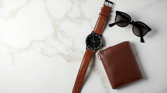 Minimalist arrangement of premium watch leather wallet and sunglasses on marble background captioned Best Dad Products for refined promotional use in  Photo Stock  Concept  and empty space on the left