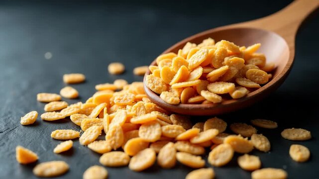 Stunning Close-Up Macro Shot of Multigrain Flakes Cascading from Wooden Spoon on Dark Slate Surface - Perfect for Cereal Food Photography with Textural Contrast and Space for Text