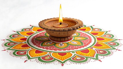 Diwali Celebration: Illuminated Clay Lamp on Rangoli