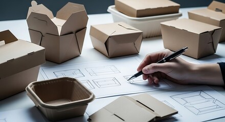 Designer sketching layout of food packaging box on blueprint, creating sustainable and ecofriendly takeaway container design concept