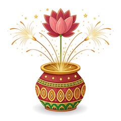 Vibrant Lotus Blossom Emerging from Ornate Pot with Fireworks: Festive Celebration Design