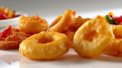 Closeup of golden crispy onion rings and vegetable tempura pieces on white surface, highangle view, greasy snack texture, vibrant colors, appetizing and indulgent mood