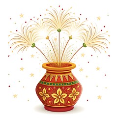 Diwali Celebration: Festive Clay Pot with Sparkling Fireworks - Indian Festival Illustration