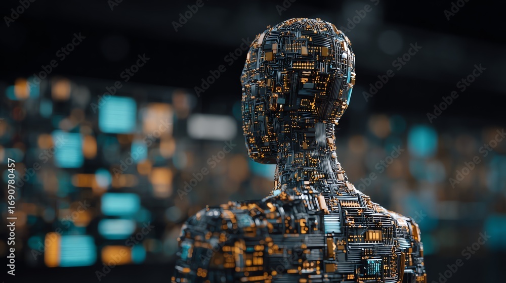 Poster a striking digital rendering depicts the back of a human form constructed from intricate circuitry, 
