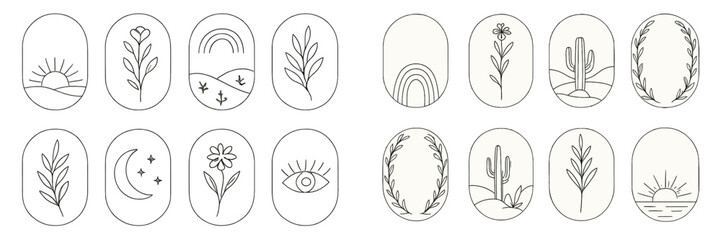 Bohemian line art icon set with minimalist nature symbols like sun, moon, flowers, and cactus for logo design and branding © icon_art