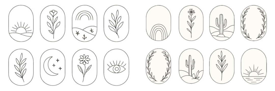 Fototapeta Bohemian line art icon set with minimalist nature symbols like sun, moon, flowers, and cactus for logo design and branding