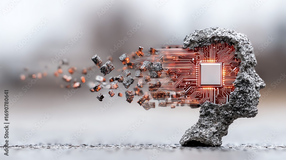 Poster a fragmented human head dissolves into a complex network of circuitry, symbolizing the intersection 