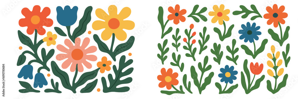 Poster set of colorful folk art flowers and botanical elements in a simple stylized design isolated on a wh